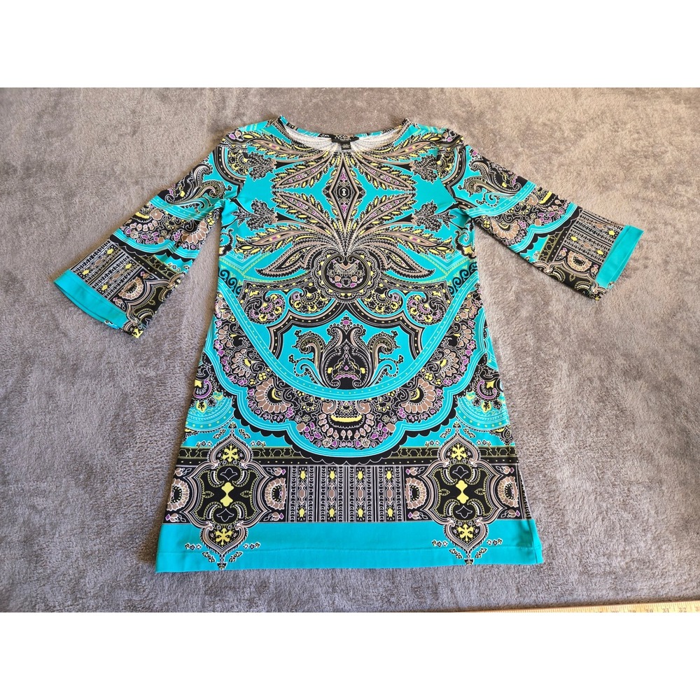 Alfani Paisley Shift Dress Womens PS Teal Excellent Vintage 90s Bell Sleeve